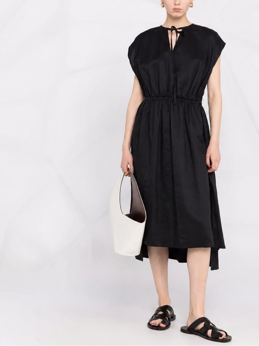 NWT JOSEPH Ramie Gathered Midi Dress Black FR 38 US 6 Tie Neck Luxury Minimalist